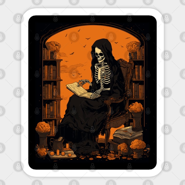 Halloween Reader Librarian Skeleton Reader Bookish Sticker by RetroZin